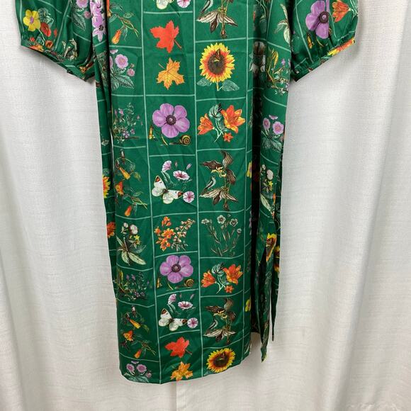 LOFT Green Floral Bird Butterfly Garden Puff Sleeve Shift Midi Dress Sz.M NWT - Picture 6 of 16